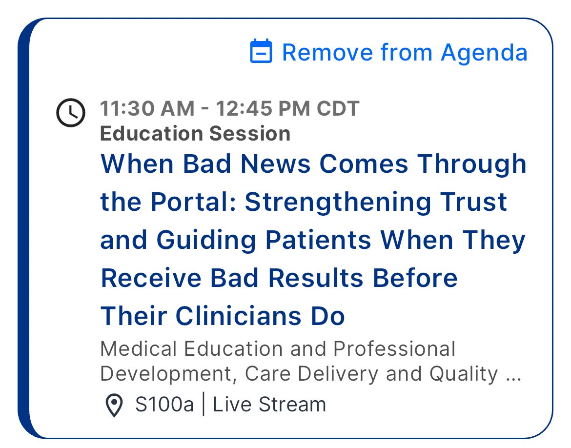 SUNDAY, JUNE 2: 
Find me in “When Bad News Comes through the Portal” at #ASCO24 

I’m talking about all of your favorites:
✔️open notes
✔️open test results 🔥
➕a bit of my oncology experience 

It’s all kicks off at 11:30am. 

#opennotes <a href="/myopennotes/">OpenNotes</a> <a href="/BIDMC_Research/">BIDMC Research</a>