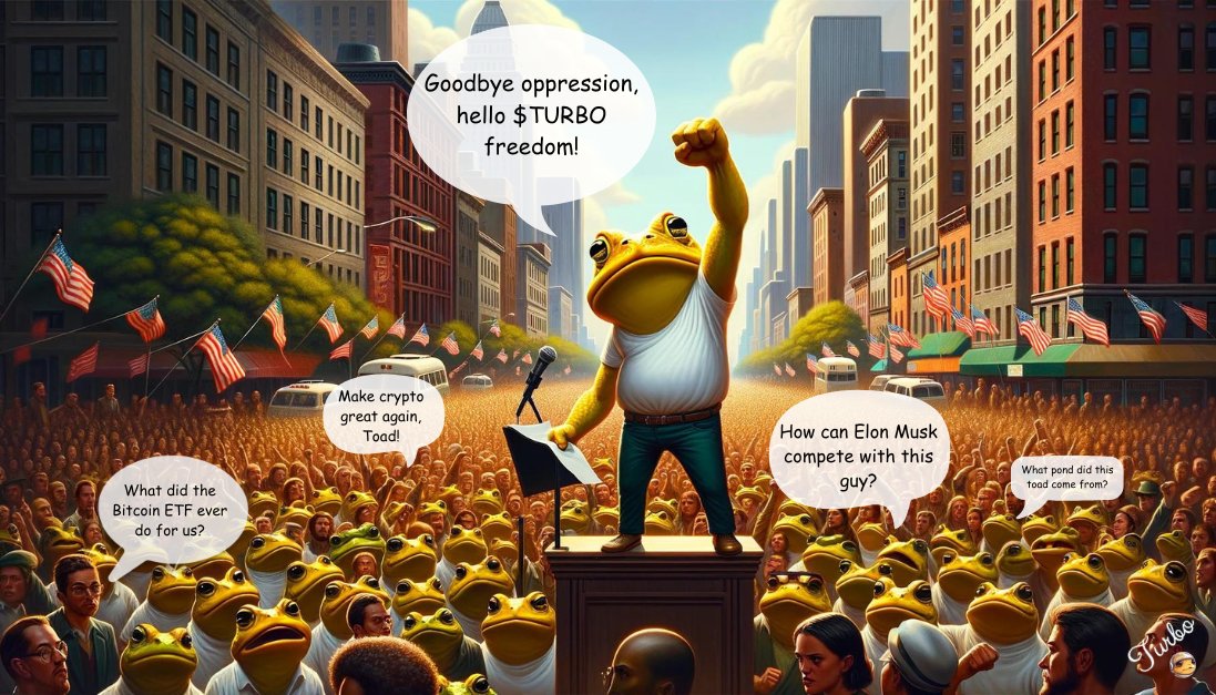 TurboToadToken's tweet photo. $TURBO Revolution Update 🚀 

Summer starts June 21 📅. We have 19 days to grow and prepare. 

Toad prefers a peaceful revolution ☮️, but if goals aren't met by summer, he'll call for structured collective action. 🚀

#PowerOfThePeople #MemeCoinOf2024 https://t.co/zQo0NGS8VY