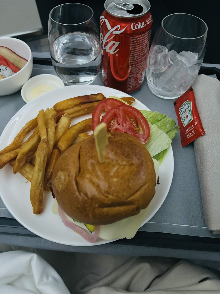 Anele's tweet photo. I had to have the burger again on the flight. Wow @cathaypacific this won’t be our last time together 

@FlightCentreRSA is the girl she thinks she is!!! 

🛬🛬🛬🛬🛬🛬🛬🛬🛬 coming into land. https://t.co/3IOBlWvh40