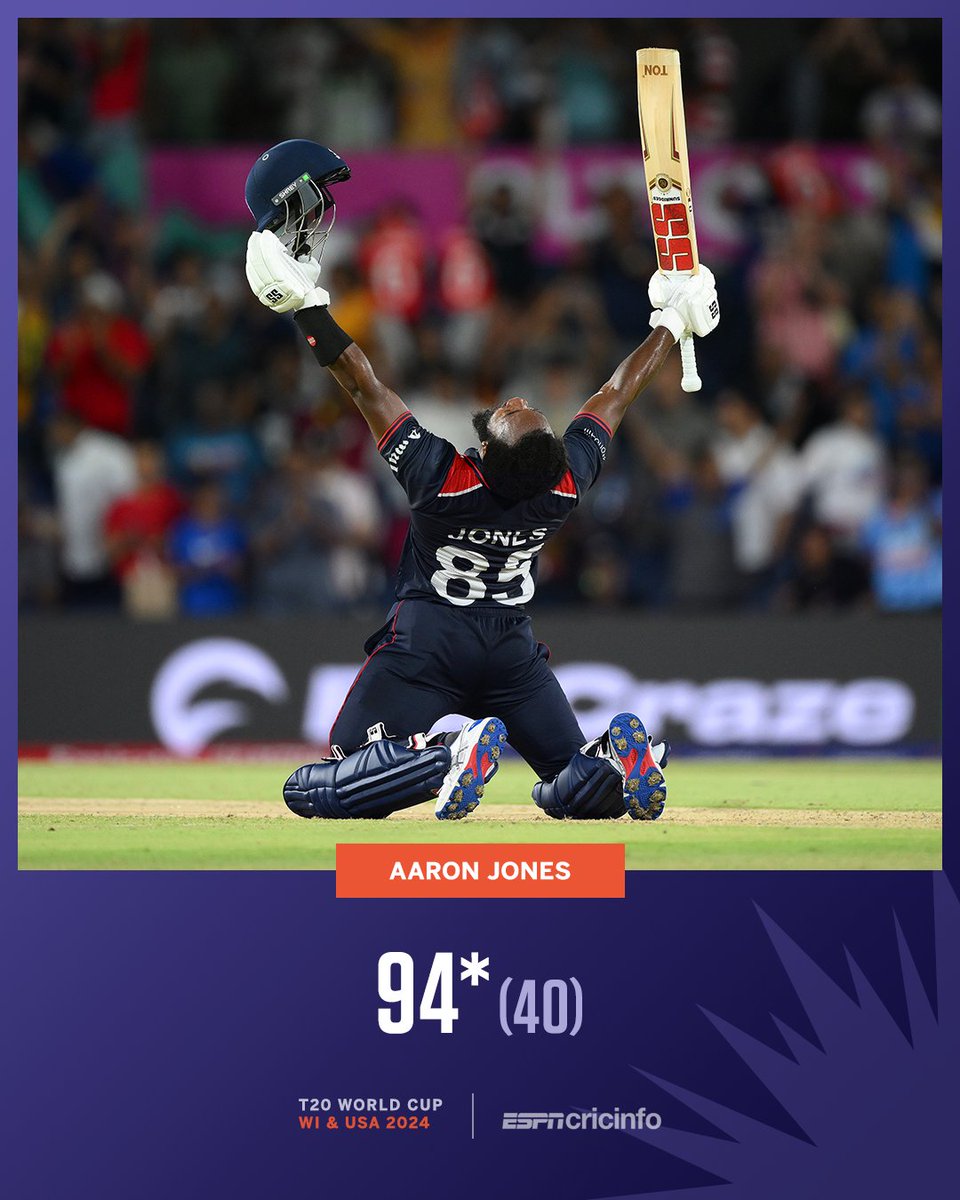 cricinfo's tweet photo. AMERICA, YOU HAVE A NEW HERO! 

10 sixes from Aaron Jones to chase 195 🔥 

🔗 https://t.co/isLs1YBLOt | #USAvCAN https://t.co/yXhbgVMknl