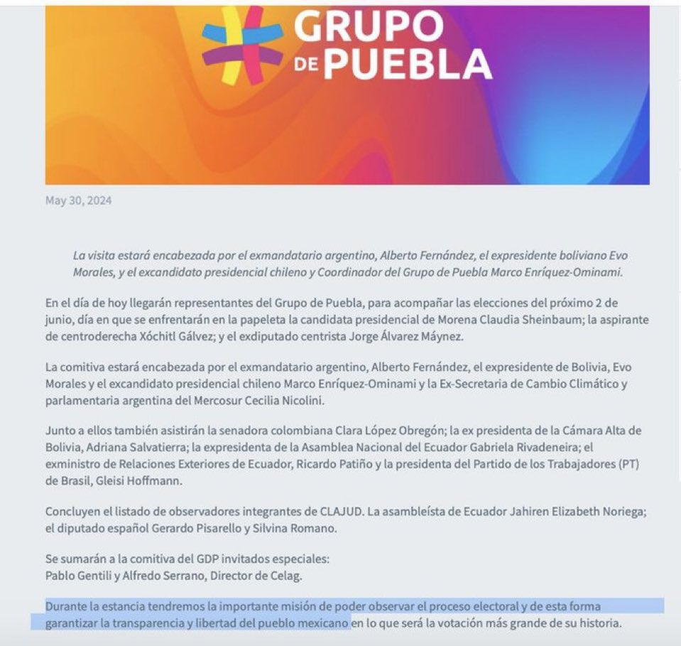LauraMex's tweet photo. Esta bola de rufianes destructores de la democracia vienen a México según ellos como “observadores” sin tener acreditación alguna por parte del @INEMexico @TEPJF_informa 

Además de eso, son defensores de la 4T y en estos momentos siguen haciendo proselitismo ilegal.

¡Urge denunciar y mostrar nuestro repudio! 

@evoespueblo
@alferdez 
@marcoporchile 
@ClaraLopezObre 
@cecilianicolini 
@G_Pisarello 
@Adriana1989sa 
@GabrielaEsPais @RicardoPatinoEC 
@gleisi 
@JahirenNoriega 
@silvinamceleste @AlfredoSerranoZ 
@pablogentili

#FueraDictadoresDeMéxico
#YoVotarePorXóchitl