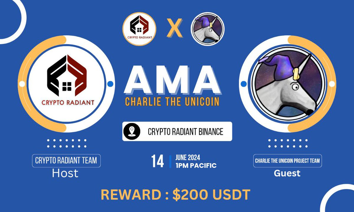 📢Join us in our upcoming #Binance Live AMA with @Charlie_Unicoin 🔥

🗓️ 14th June , 2024 |  1 PM Pacific 

📌Venue: binance.com/en-IN/live/vid…

🎁 Reward : $200 USDT 

Rules :
➡️Follow: <a href="/CryptoRadiant7/">CRYPTO RADIANT | AMA + SPACE</a> &amp; @Charlie_Unicoin

➡️Like, Retweet, Tag3 Friend,send Questions  here 👇