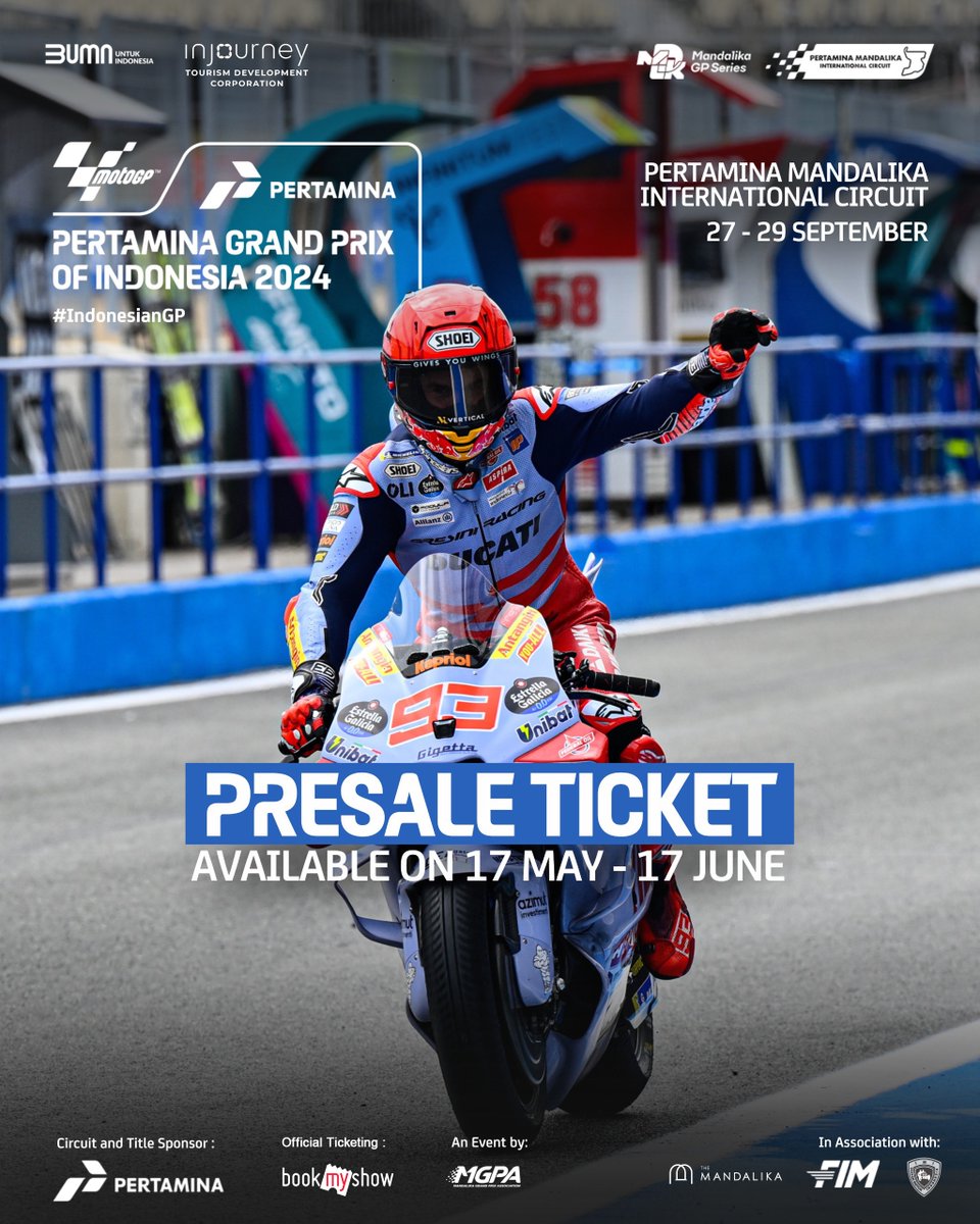 BookMyShowID's tweet image. 🏁 GOOD NEWS! Presale tickets for the Pertamina Grand Prix of Indonesia will be available to purchase today at 2pm! ⏰ From 17 May to 17 June

🎟Click link in bio for tickets

#BookMyShowID #motogp #IndonesianGP #IgniteYourThrills