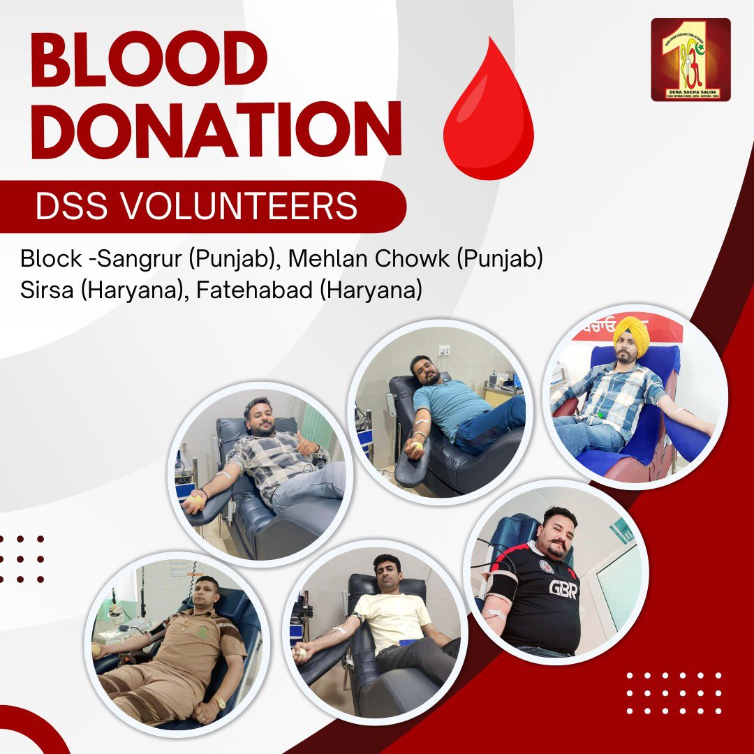 DSSNewsUpdates's tweet photo. Volunteers from Dera Sacha Sauda have donated blood to patients in dire need, offering them a second chance at life and providing their families with hope and relief. Through their selfless acts, they fulfill the promise made to Saint Dr. @Gurmeetramrahim Singh Ji Insan to assist those in need in the best possible way. Let's honor and support this noble cause.
#BloodDonation #DeraSachaSauda #SelflessService #TrueBloodPump #BloodDonors
