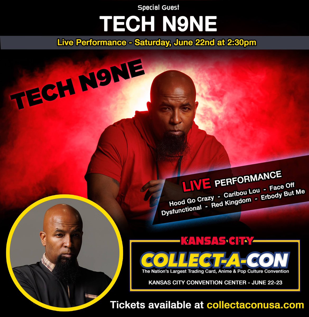 Collect_A_Con's tweet photo. Tech N9ne @TechN9ne at CAC KC!
Live performance on the main stage at Collect-A-Con Kansas City on Saturday, June 22, 2024. FREE concert for all paid attendees! #collectacon #collectaconkansascity #kc #kansascity #techn9ne #technine #kcmusic https://t.co/TAwKFC0Xsv