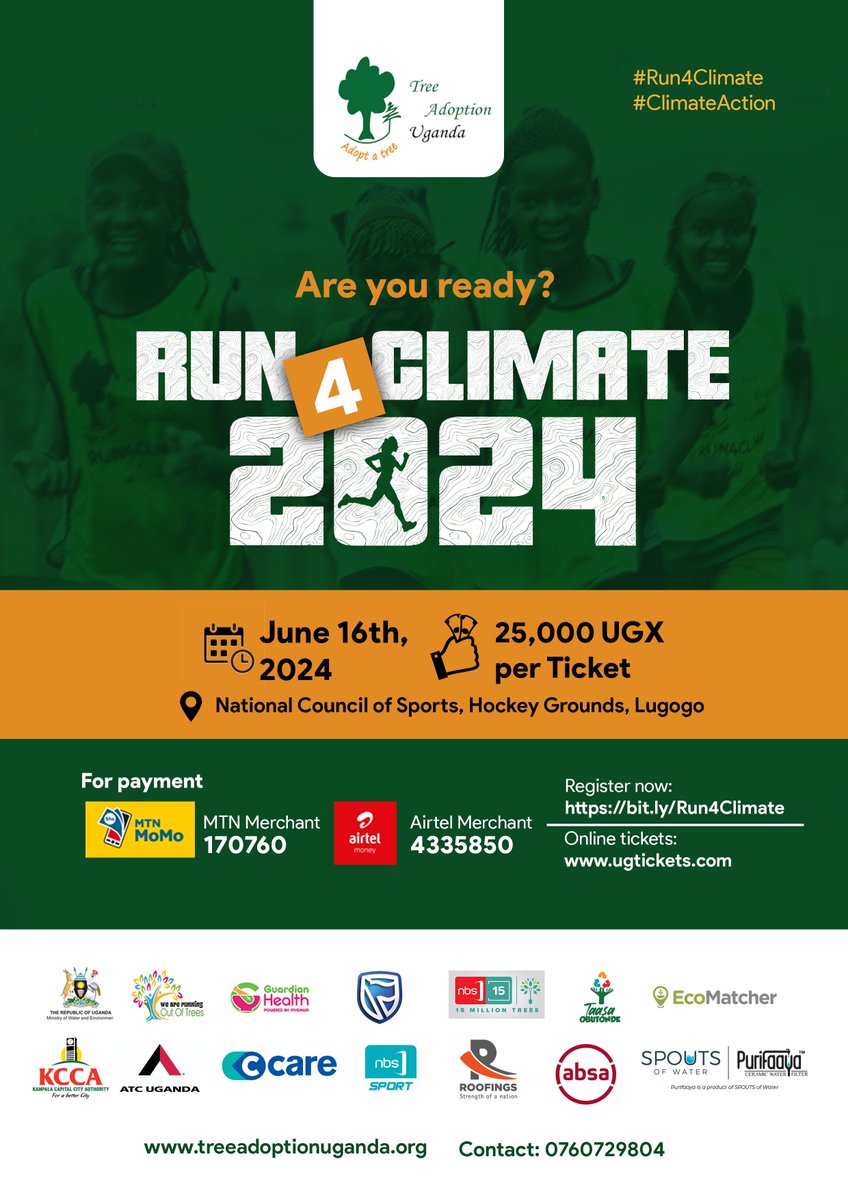 tree_adoptionug's tweet image. It is exciting to be 2 days into the new month because it implies that the #Run4Climate is just around the corner. If you haven't gotten your ticket yet, 16th June is fast approaching! For only 25K, you can get a ticket and running kit. Find payment details in the flier👇👇👇