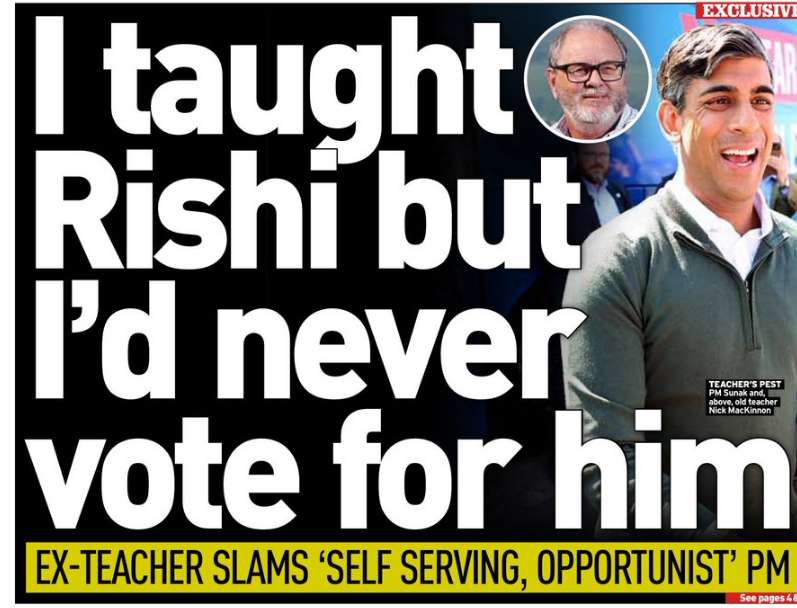 dave43law's tweet photo. Ex teacher sums Sunak up in 3 words

 'self serving opportunist'

He is so right.
#ToriesOut696 #SunakOut586 #Sunackered #ToriesUnfitToGovern #PintSizedLoser https://t.co/Aa3EnOdJjQ