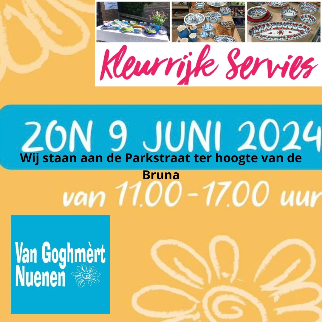 Smulpakketten's tweet photo. A.s. zondag 9 juni is Kleurrijk Servies aanwezig op de van Goghmert in Nuenen. Wij staan van 11.00 uur tot 17.00 uur aan de Parkstraat ter hoogte van de Bruna tegenover winkelcentrum Parkhof. #kleurrijkservies #tunesisch aardewerk en #olijfhoutenplanken https://t.co/AP1bhjR5s9