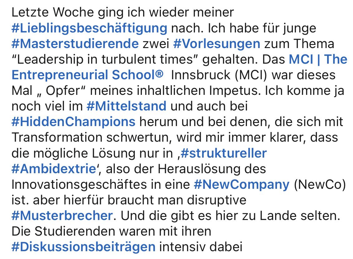 th_sattelberger's tweet photo. Letzte Woche ging ich wieder meiner #Lieblingsbeschäftigung nach. Habe am @MCI_Innsbruck für junge #Masterstudierende zwei #Vorlesungen zum Thema “Leadership in turbulent times” gehalten https://t.co/0ZBgWLHFU8