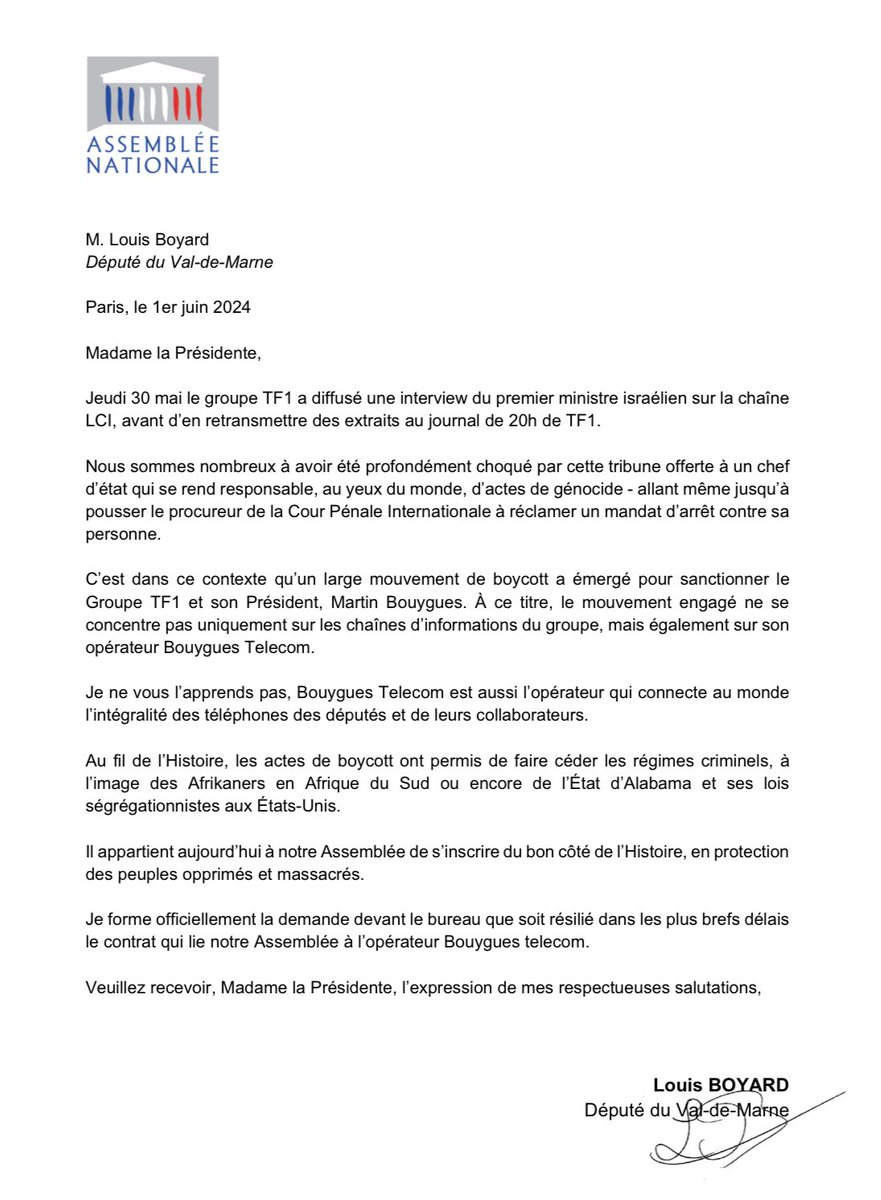 LouisBoyard's tweet photo. Le groupe TF1 a donné une tribune au criminel de guerre Netanyahou.

Le #boycottTF1 est engagé pour sanctionner le groupe et son Président Martin Bouygues.

Je demande officiellement à @YaelBRAUNPIVET de rompre les contrats qui lient les députés et TF1-Bouygues. #BoycottBouygues https://t.co/FFpl7xPFGK