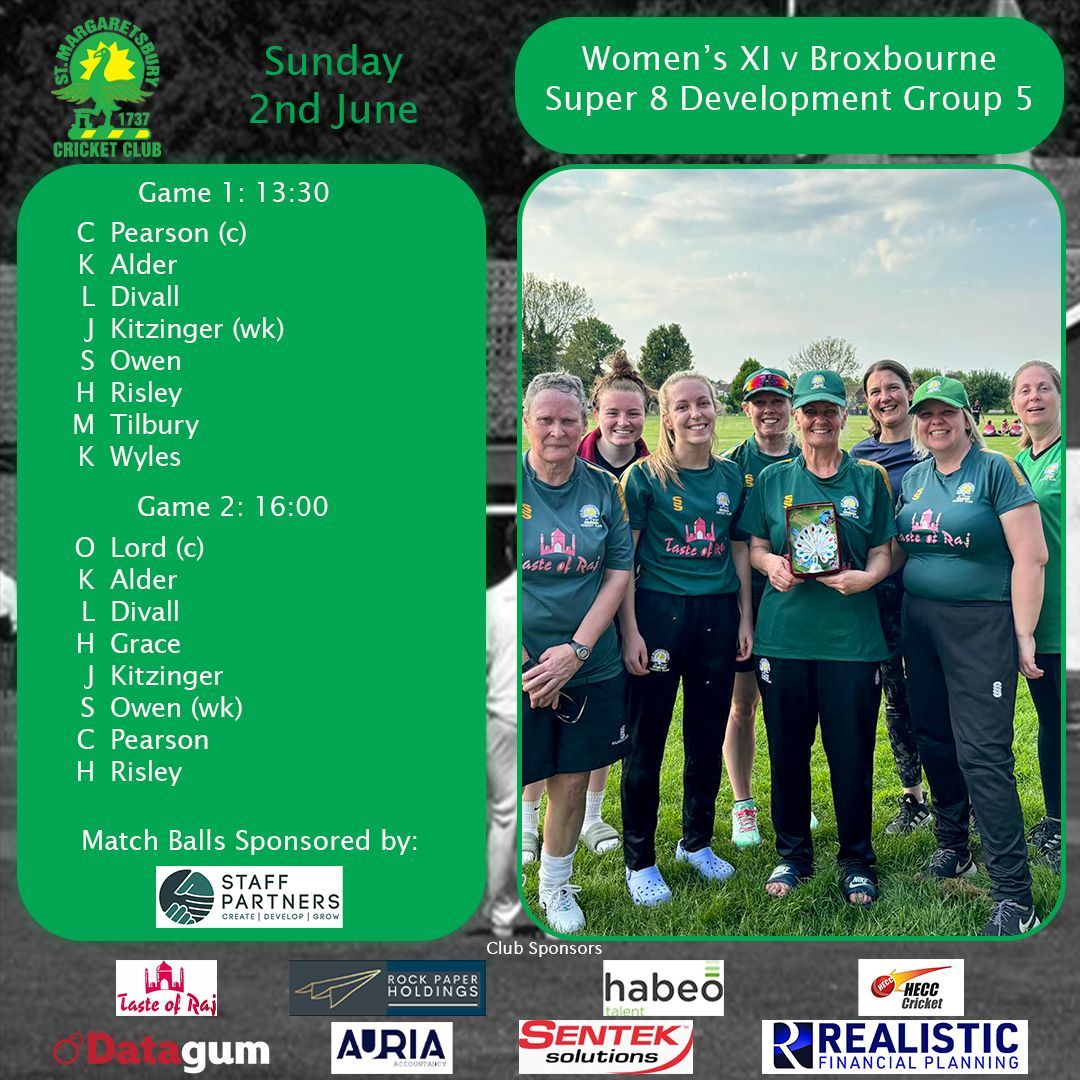 stmargscc's tweet photo. Today's teams for our top of the table clash v Broxbourne in the final round of the Home Counties Super 8 competition
Game 1 at 1:30pm - Including a ladies debut for M Tilbury!
Game 2 at 4pm
#STMCC #UpTheBury https://t.co/HCy7GDk58H