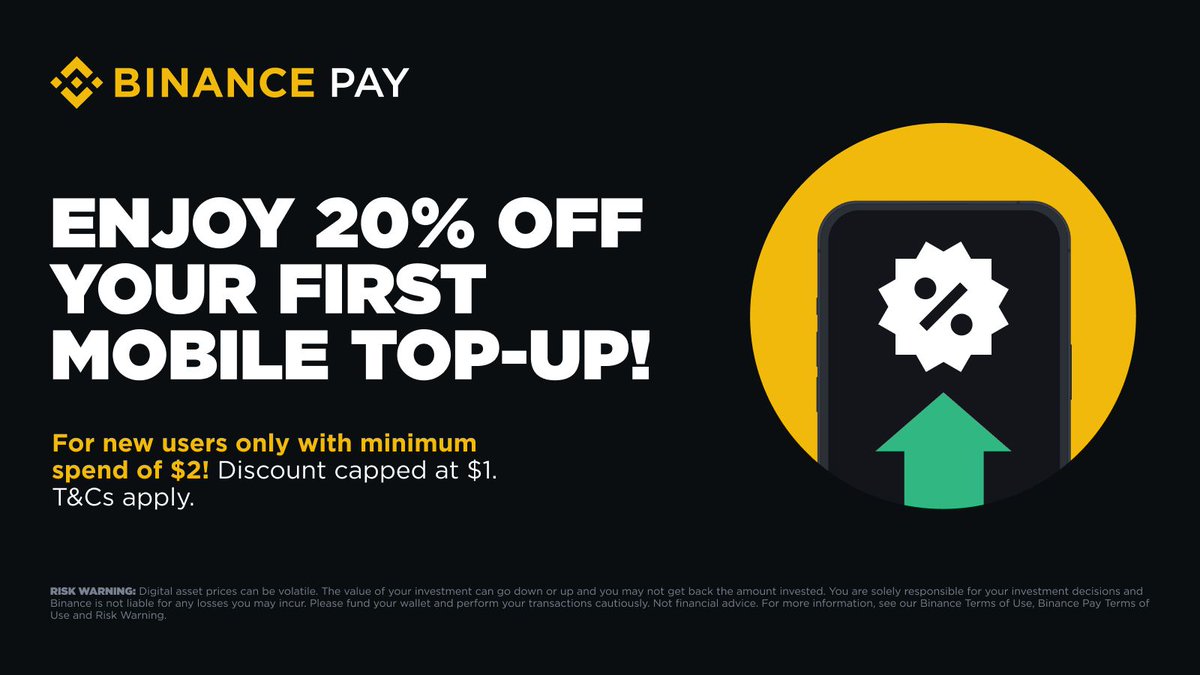 binance's tweet photo. Spend and save with #Binance Pay! 

Get up to 20% off on your mobile top-up when you spend with Binance Pay and stand to claim from 2,750 $USDT worth of discounts!

Find out more ➡️ https://t.co/C7UES0RKEj https://t.co/A8xeKQktT7
