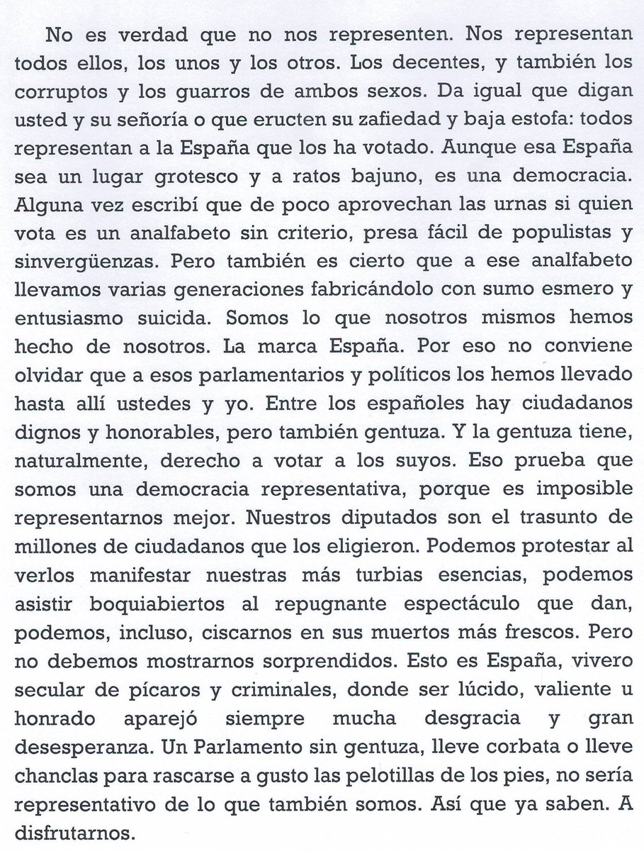 ChamorroFossati's tweet photo. @Capitana_espana Escrito por @perezreverte sobre España, sus políticos y sus votantes... https://t.co/SRLrGhvTSr