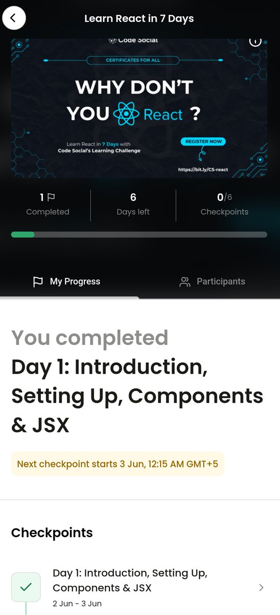 VanshChaurasiy4's tweet image. Hey techies, I’ve successfully completed the first checkpoint of the #React7DayChallenge by @codesocial_tech! Looking forward to more challenges ahead! 🚀 
#CodeNewbie #LearnReact #React #CodeSocials