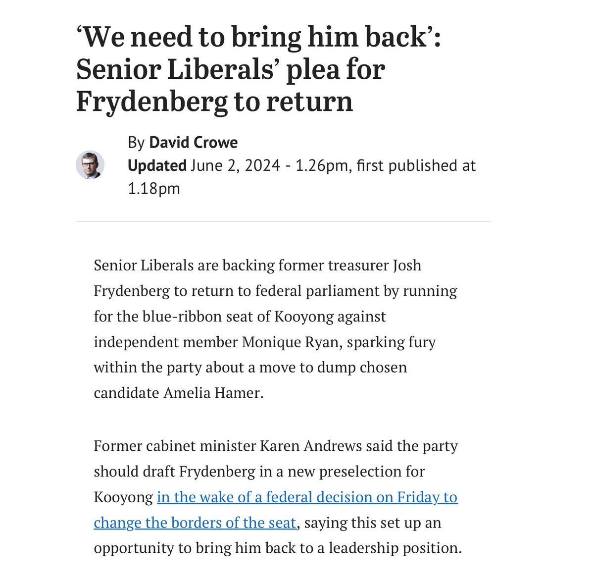 “We need to bring him back” - a statement proving that few within the Liberal Party have actually learnt anything from 2022. 

Kooyong. The last two years of new enrolments. Just within the old boundaries. 60% are under the age of 40. In total, over 24,400 in just 4 years. 

All