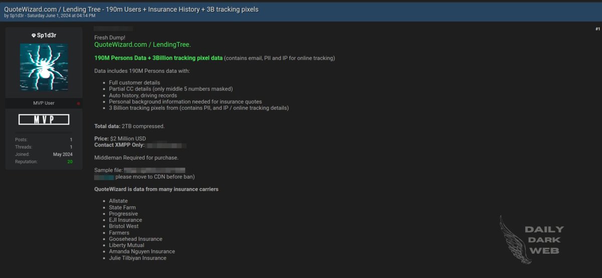 DailyDarkWeb's tweet photo. #USA  🇺🇸- Threat Actor Allegedly Offers Data of QuoteWizard and Lending Tree for $2,000,000

Link: https://t.co/pqpO1yDDG6

#DarkWeb #insurance #QuoteWizard  #LendingTree #database #cybersecuritynews https://t.co/4iUCaTzOqJ