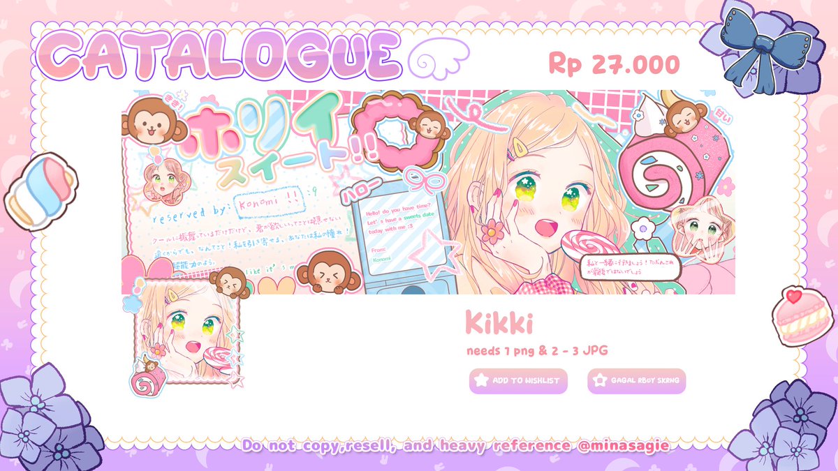 HELP OSPEKKKKK :3

HALOO! Mina ada katalog baru lagi nihh >__< kalau ada kemiripan dengan BA lain boleh langsung DM mina aja yaa <3 untuk harga yang tertera adalah harga byreq (+2k) maap agak pricy karena hand drawnnya agak banyak T__T

#zonajajan #zonaba