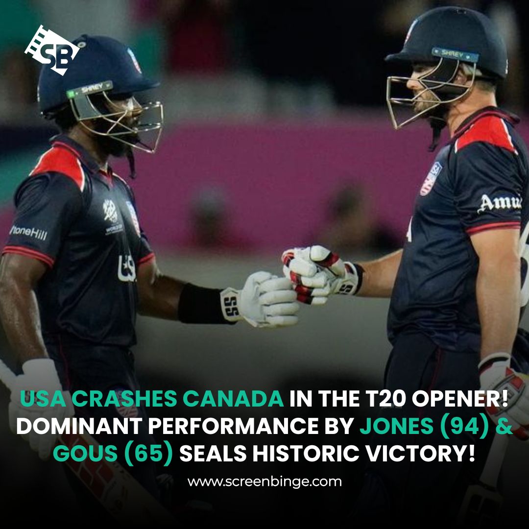 ScreenBinge's tweet photo. Stars & Stripes Fly High! 🇺🇸 USA stuns Canada by 7 wickets in a record chase in the T20 World Cup opener! Aaron Jones (94) named as Player of the Match!
#USAWin #CricketHistory #USAvsCanada #T20WorldCup #AaronJones #t20worldcup24 #TeamCanada #icct20worldcup2024 #screenbinge https://t.co/2DmcNFbgCx