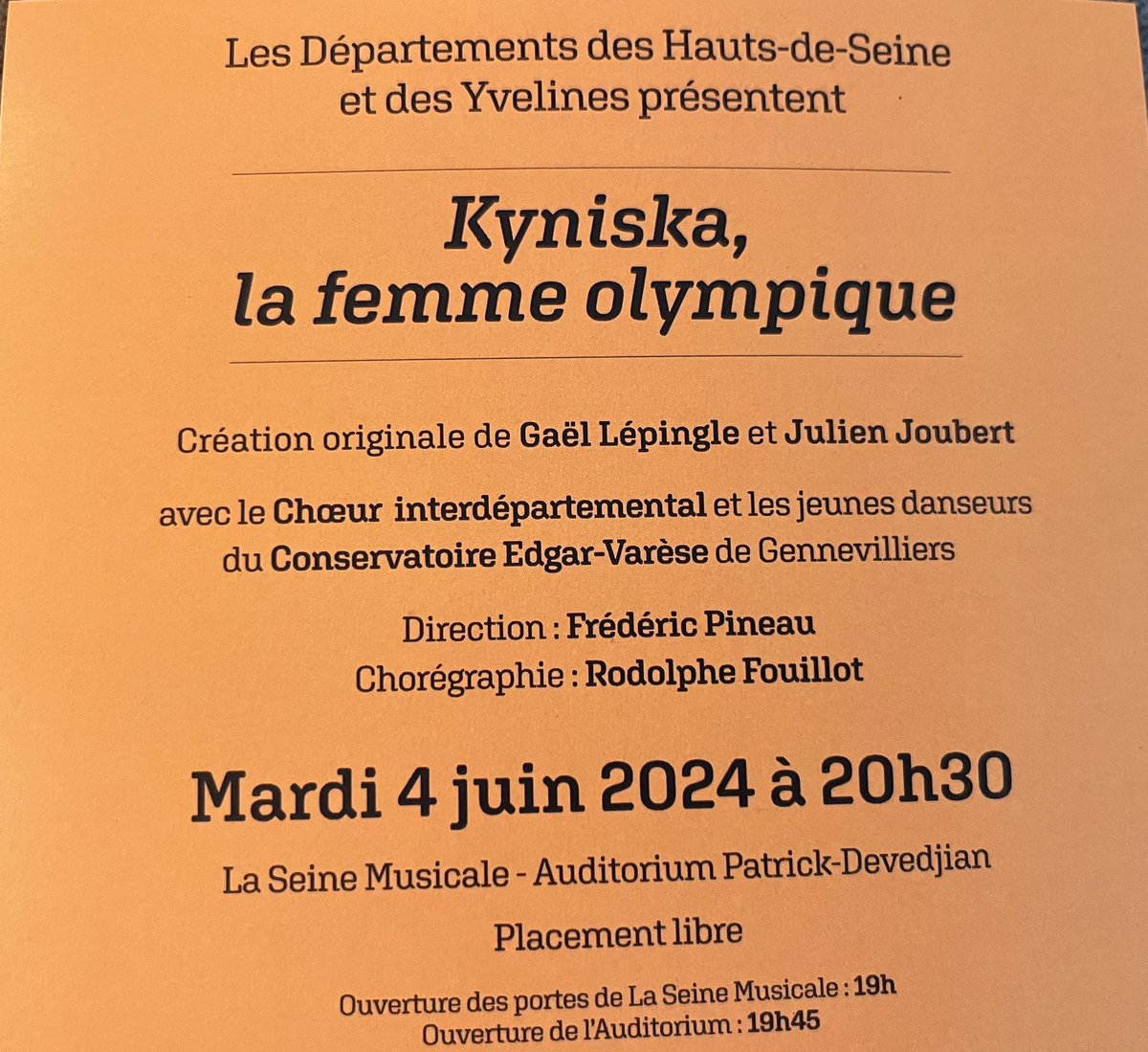 Attention !!! 
Mardi soir, un immense concert à la Seine Musicale-« Kyniska, la femme olympique »- interprété par 250 élèves de 8 chorales du 78/92 - LE CHŒUR INTERDEPARTEMENTAL! <a href="/Les_Yvelines/">Les Yvelines</a> <a href="/hautsdeseinefr/">Département des Hauts-de-Seine</a> <a href="/HautsDeSeine/">Hauts-de-Seine</a> <a href="/acversailles/">Académie de Versailles</a> <a href="/LaSeineMusicale/">La Seine Musicale</a>