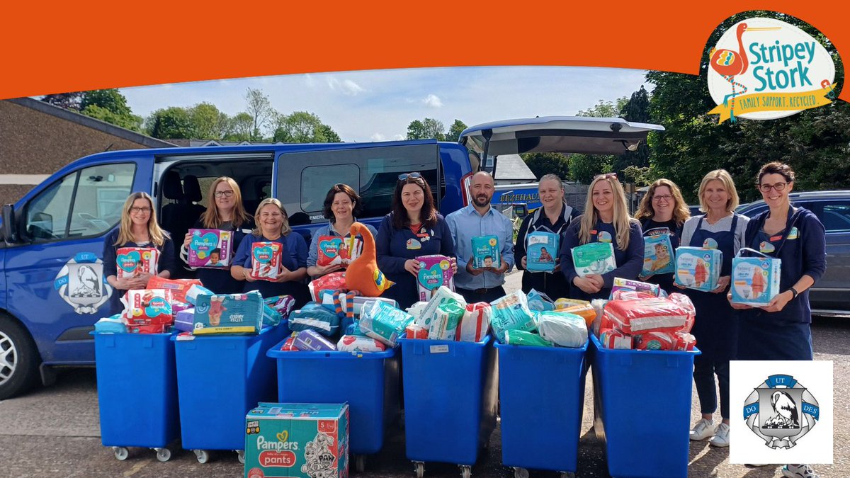StripeyStork's tweet photo. A huge thanks to all the parents, students, and staff at @DunottarSchool for donating 385 packs of nappies - our largest donation ever! They focused on larger sizes that are often in high demand and costly for families. And they had fun with a nappy tower competition! #Donation https://t.co/LqqZviJ29C