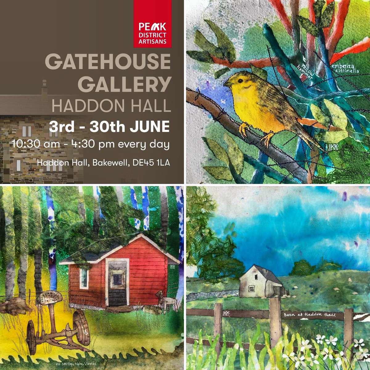 Haddon Hall  Gatehouse Gallery <a href="/PDArtisans/">PeakDistrictArtisans</a>  3-9  June 2024.
Ingrid is a narrative artist telling stories through mixed media, landscapes, wildlife, words, places and journeys. Favoured techniques using mono printing in crystalline watercolour, layering, and machine stitching.