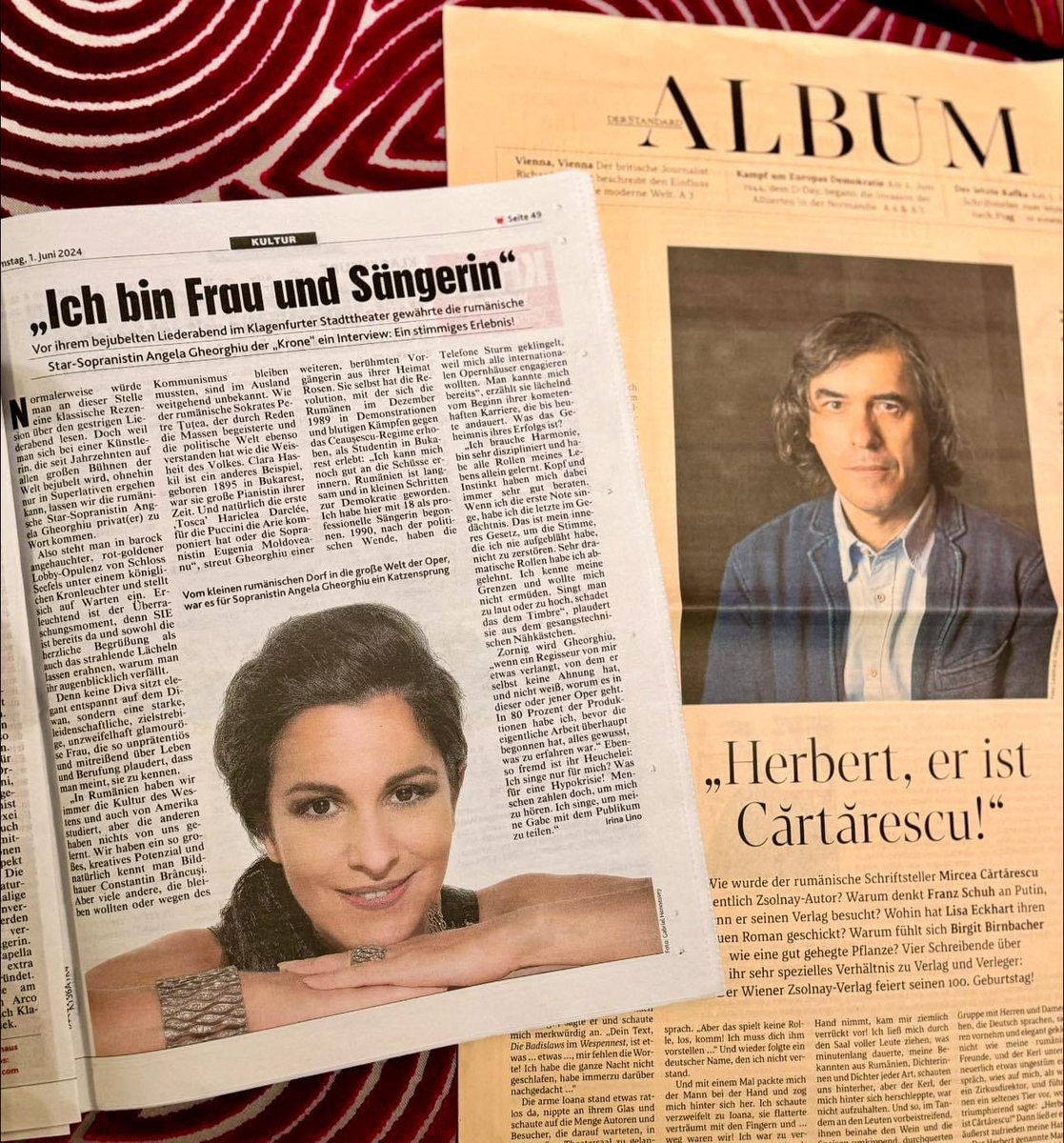 Two of yesterday’s newspapers in Austria - Kronen Zeitung and DER STANDARD - featured extensive articles about myself and my fellow Romanian, the wonderful writer Mircea Cărtărescu
A joy to read!