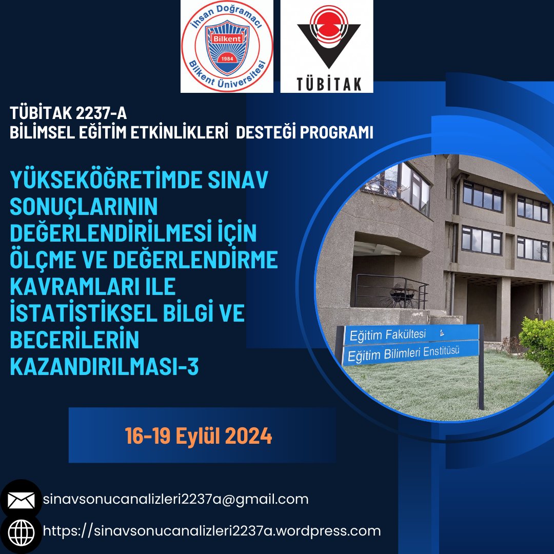 Etkinliğimiz TÜBİTAK 2237-A kapsamında 3. defa destekleniyor. 16-19 Eylül 2024 tarihlerinde Bilkent Üniversitesi’nde dört gün boyunca ölçme-değerlendirme uzmanlarının vereceği yüz yüze derslerde farklı şehir, üniversite ve bölümlerden araştırma görevlileri ile buluşuyoruz.