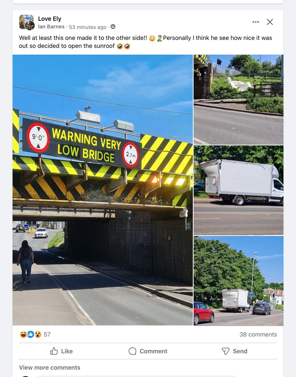 AndyKWilkinson's tweet photo. Another #Ely #LowBridge #Strike this morning...if only there were big signs and automatic warning sensors...😜(locals know there are!) https://t.co/UfONUvAlKv