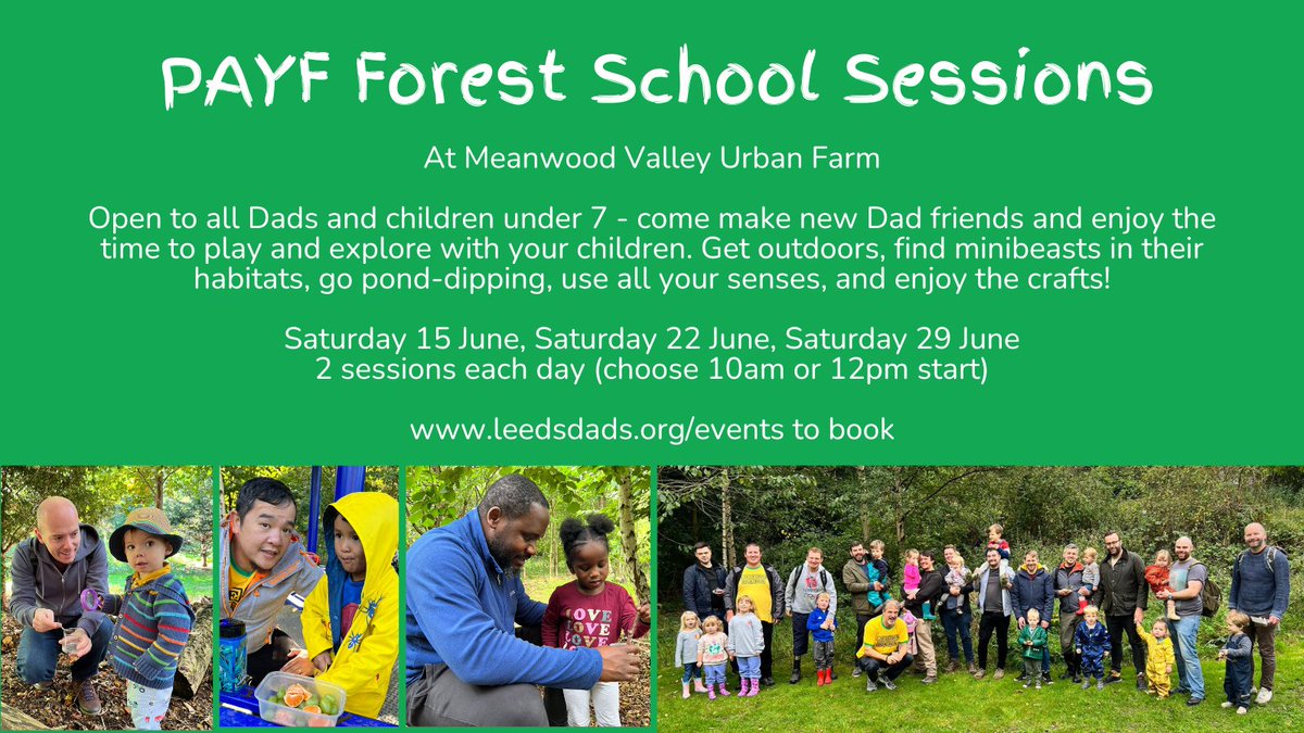 Leeds Dads PAYF Forest School sessions with <a href="/TOExplorerS/">TinyOutdoorExplorers</a> at <a href="/MeanwoodFarm/">Meanwood Farm</a> are back! We have 6 sessions available across 3 days in June leedsdads.org/events to book!