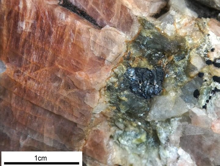 Geology_Tim's tweet photo. Not enough time in my PhD to study these fantastic pegmatites from South Harris but glad I got the chance to do fieldwork there! Here is a magnetite crystal in a salmon pink K-feldspar #geology #migmatites #pegmatites #Scotland https://t.co/xKen08Tuom