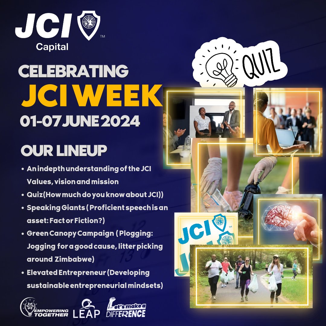 JCICapitalZim's tweet photo. JCI Week is all about celebrating JCI's mission and fostering connections among members. Here's a line up of our JCI Week activities.
#JCIWeek
#JCICapital
#EmpoweringTogether
#LEAP
#LetsMakeADifference https://t.co/xdTXaf69yX