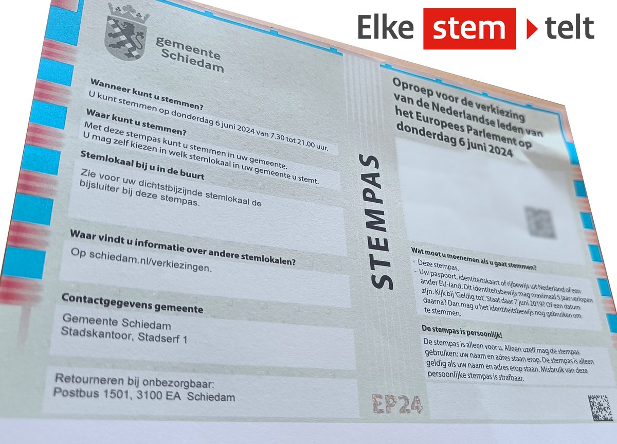 𝗦𝘁𝗲𝗺𝗽𝗮𝘀. Zoek 'm alvast even op, want je hebt 'm donderdag nodig om te kunnen 🗳️ stemmen. Kwijt of beschadigd? Kom voor woensdag 5 juni 12.00 uur voor een nieuwe. Je hoeft geen afspraak te maken. Neem wel een identiteitsbewijs mee.
⏩ Meer info? Zie schiedam.nl/a-tot-z/nieuwe…
