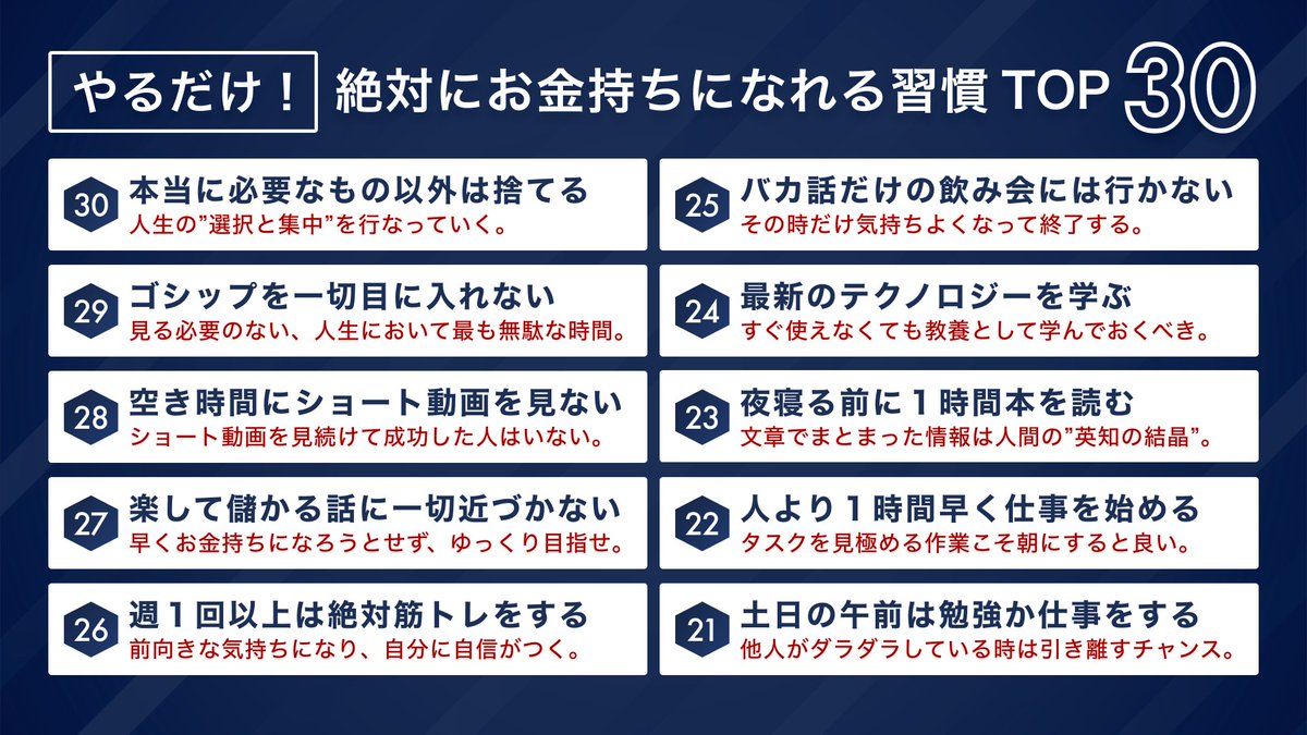 mako_yukinari's tweet image. 「お金持ちの人」が実践している”30の習慣”