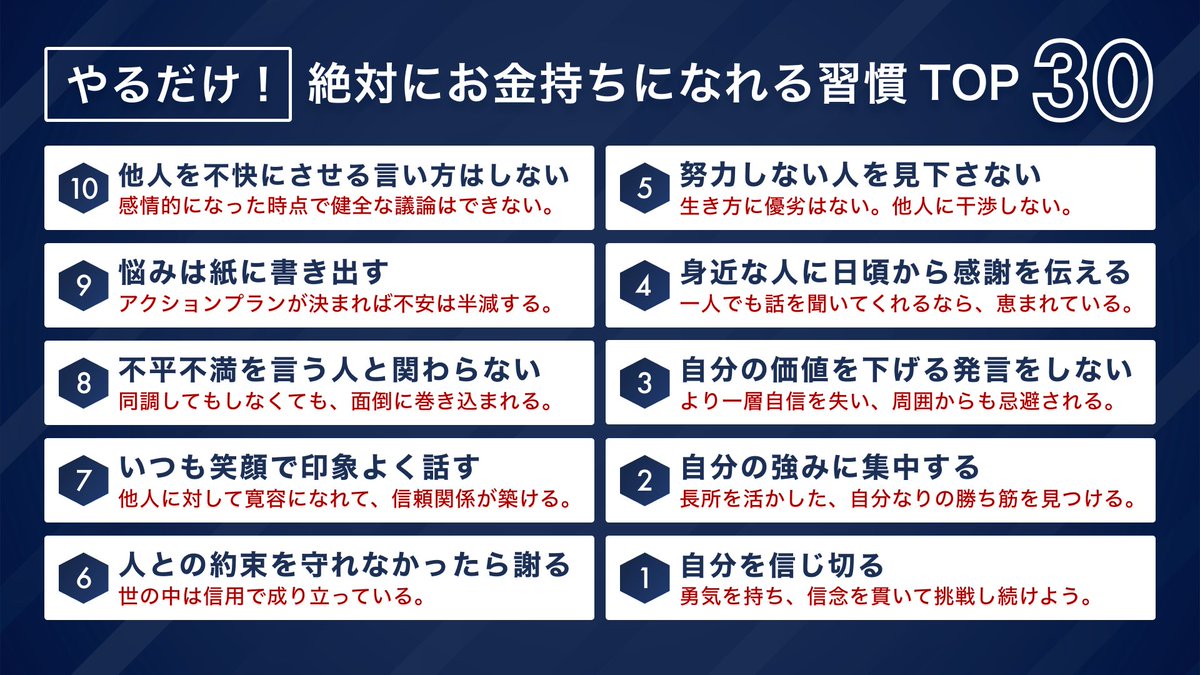mako_yukinari's tweet image. 「お金持ちの人」が実践している”30の習慣”