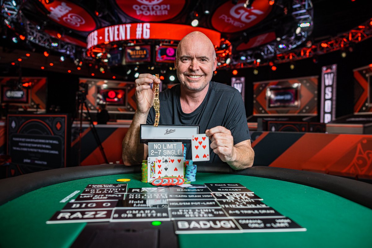 WSOP's tweet photo. MAKE IT SEVEN FOR JOHN HENNIGAN🚨
John Hennigan takes down the $1,500 Dealers Choice to earn the 7(!) gold bracelet of his career!
With the win, John moves up to the seventh spot on the All-Time list for the most bracelets in WSOP history.
Congratulations on an impressive achievement!
Event Report & Interview: https://t.co/awaOcVcHFI