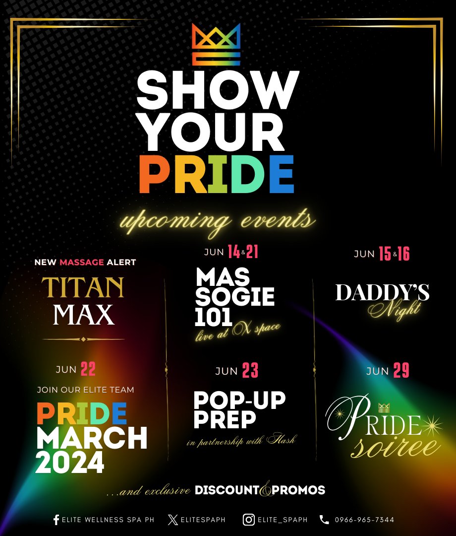 elitespaph's tweet photo. 🌈 Ready to Show Your Pride? 

Elite Wellness spa is throwing the most fabulous Pride Month events with exclusive promos! Don’t miss out and stay tuned for more details! 🏳️‍🌈✨ 

#EliteExperience #PridePH2024 https://t.co/l1UYSG4cO3