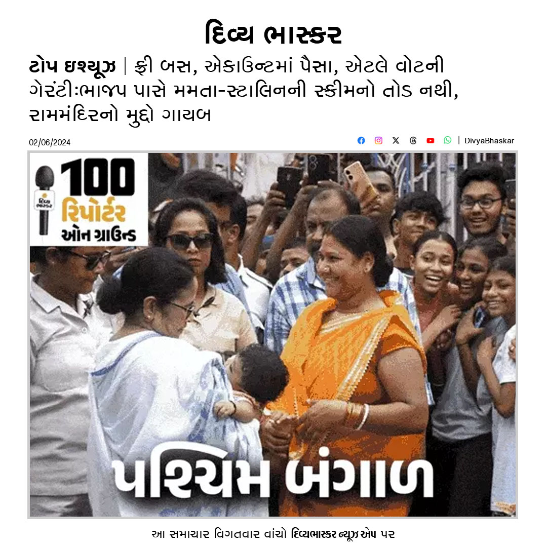 Divya_Bhaskar's tweet photo. ટોપ ઇશ્યૂઝ : ફ્રી બસ, એકાઉન્ટમાં પૈસા, એટલે વોટની ગેરંટી:ભાજપ પાસે મમતા-સ્ટાલિનની સ્કીમનો તોડ નથી, રામમંદિરનો મુદ્દો ગાયબ 
https://t.co/DABQNgByZA 
#TopIssues #Election2024 #LoksabhaElection2024 #100ReportersOnGround https://t.co/VYQNf7GhuV