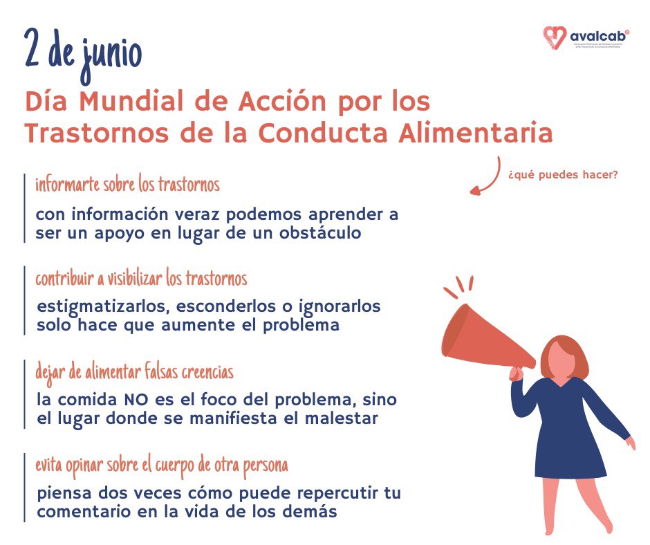 avalcab_tca's tweet photo. Hoy reivindicamos más que nunca la necesidad de concienciar y sensibilizar sobre los TCA 💪🏼 Tú también puedes hacer pequeños cambios que marcan grandes diferencias, te contamos como ⬇️

#diamundialdeaccionporlostca #avalcab #genterealrecuperacionreal https://t.co/LTPfFTddk1