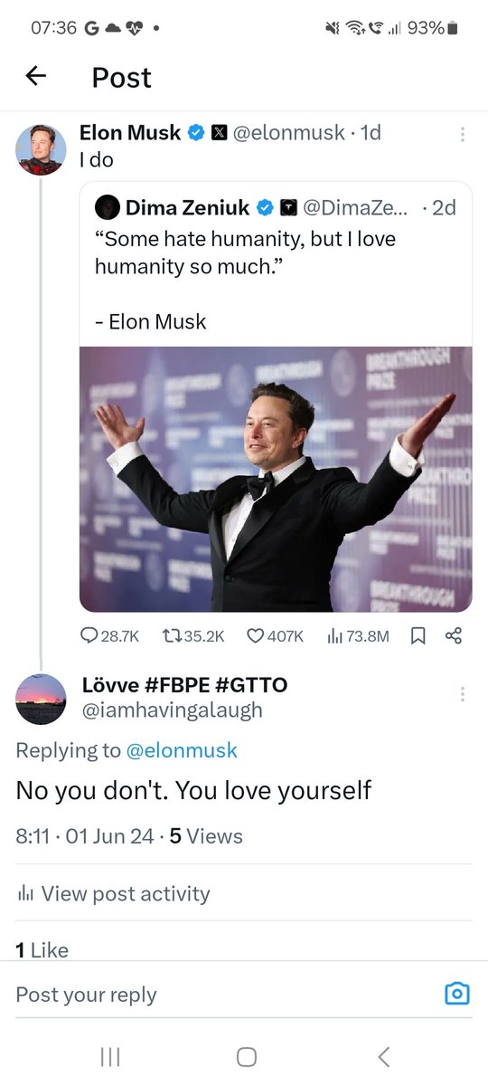 Quite telling. The only like on my reply is from Elon Musk himself.