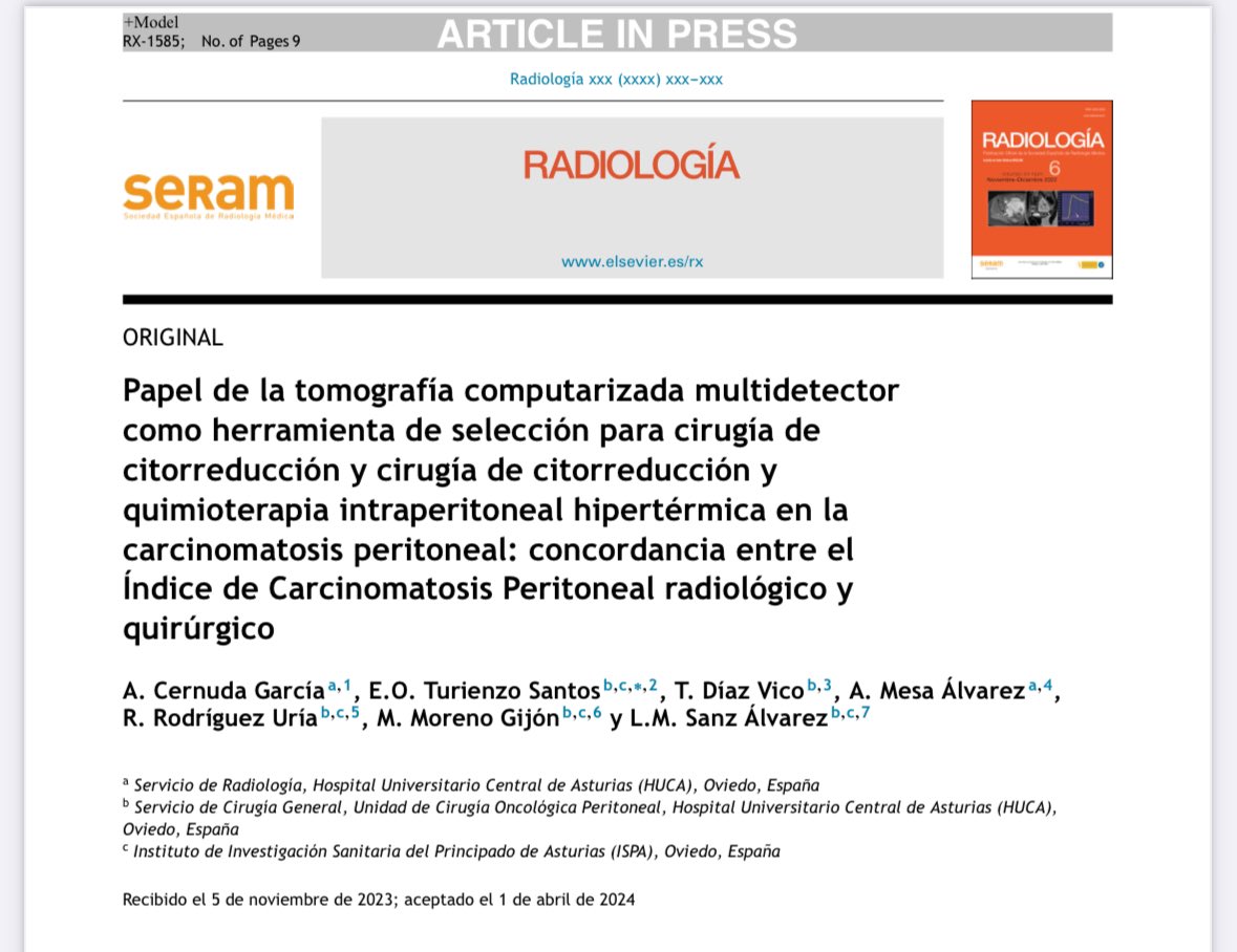 El valor de #radiólogos #expertos para la #tomadedecisiones en el comité #multidisciplinar de los pacientes con #carcinomatosisperitoneal 🙌🏻 <a href="/GECOP_/">GECOP</a> <a href="/operarelcancer/">SEOQ | Los cirujanos del cáncer #operarelcancer</a> <a href="/SERAM_RX/">SERAM - Sociedad Española de Radiología Médica</a> <a href="/EstrellaTurien1/">Estrella Turienzo</a> <a href="/AliMesaAlva/">Alicia Mesa Alvarez</a> <a href="/HUCA_Asturias/">@HUCA</a> <a href="/BibliotecaHUCA/">Biblioteca HUCA</a> #ISPA 
Completo 👉🏻 authors.elsevier.com/c/1jBbc7iMD3vfQ