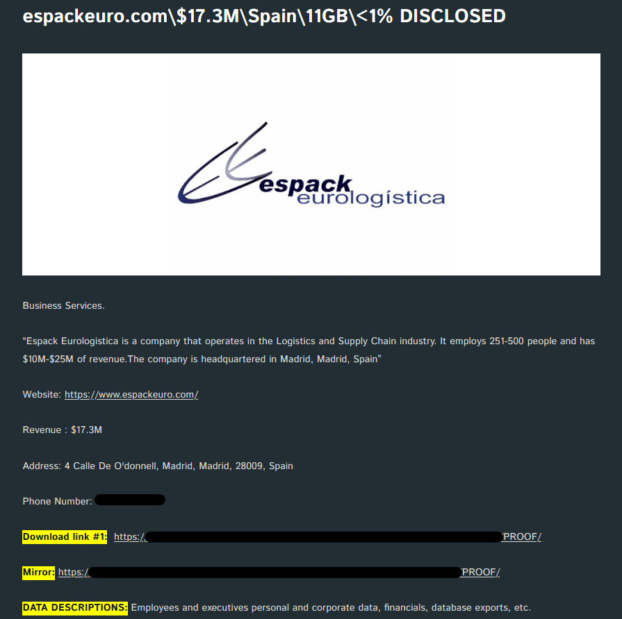 🚨 #CyberAttack 🚨

🇪🇸 #Spain: Espack Eurologistica has been listed as a victim by the Cactus ransomware group. 

The hackers allegedly exfiltrated 11 GB of employees and executives' personal and corporate data, financials, database exports, etc.

Espack Eurologistica is a