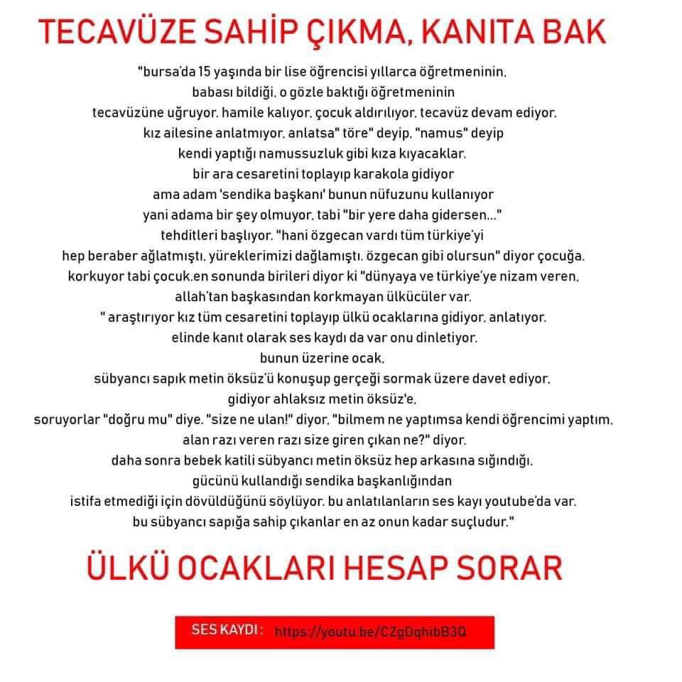 Maalesef sonrasında Metin Hoca ve ailesi adına yaşadığı işkenceden daha korkunç olan başlar . Metin Hoca , Sinan Ateş in talimatıyla. Tüm Türkiye ye çocuk tecavüzcüsü, pedofili, sapık öğretmen başlığıyla . Şiddet yemiş görüntüleri 
Ülkü Ocakları Hesap Sorar etiketiyle paylaşılır