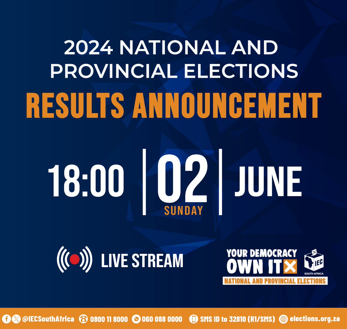 🚨 Election Results Announcement 🚨

The Electoral Commission of South Africa will announce the results of the 2024 National and Provincial Elections TODAY!

📅 Date: 2 June 2024
🕒 Time: 18h00

Follow the live stream on Facebook, X (formerly Twitter), and YouTube