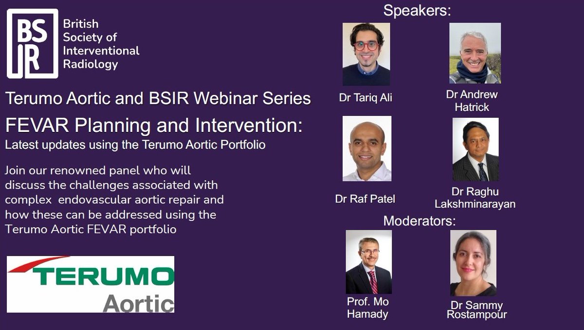 FEVAR Planning and Intervention – BSIR Webinar, in partnership with @TerumoAortic  The webinar will take place on Tuesday 18th June, at 7pm. You can register via our website: tinyurl.com/4a6w9au4