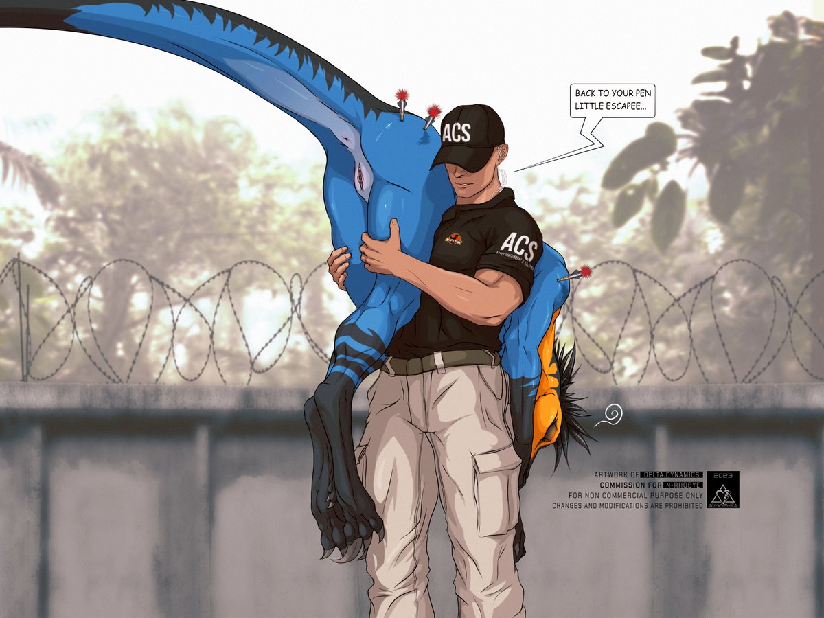 Commission from last year for Ian. 
This was a funny one 😁 #waifupark breakout.
You better catch them in time! 🧡🦖💙

#raptorwaifu #deltadynamics #furrycommision