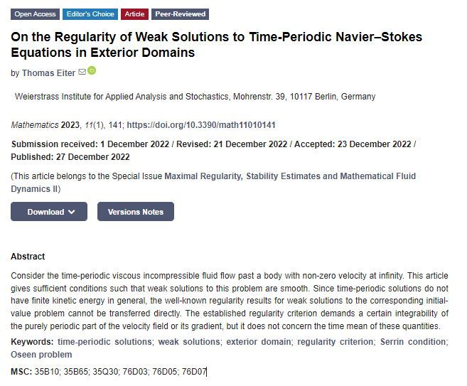 MathematicsMDPI's tweet image. Check out the Editor&apos;s Choice Paper.

On the Regularity of #WeakSolutions to Time-Periodic #NavierStokes Equations in Exterior Domains 
buff.ly/4aDgjtO 

#MDPIOpenAccess   @ComSciMath_Mdpi
