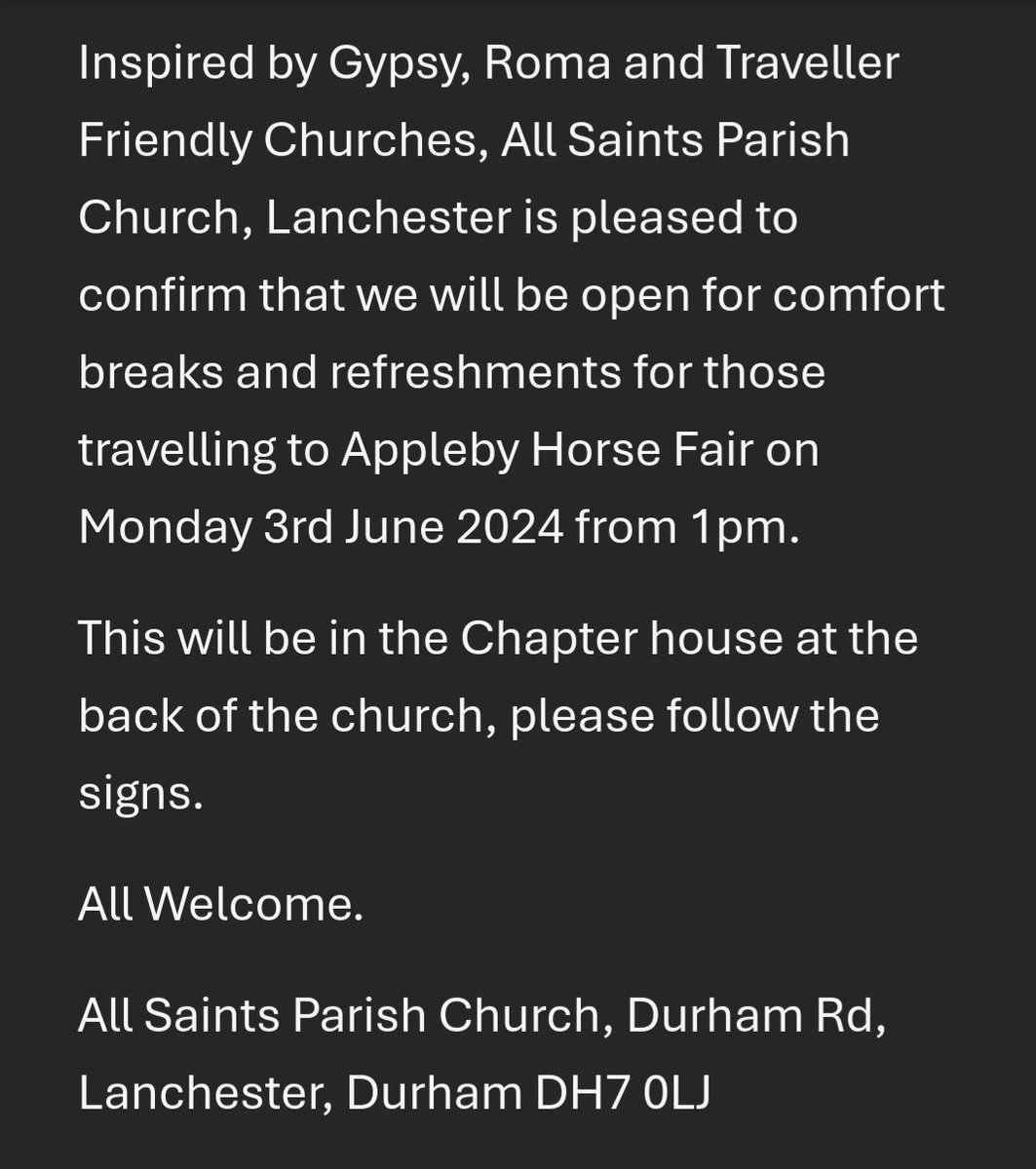SanctuaryPlaces's tweet photo. Inspired by Gypsy, Roma and Traveller Friendly Churches, All Saints Parish Church Lanchester, is pleased to announce that we'll be open for comfort breaks and refreshments For those travelling to Appleby Horse Fair on Monday 3rd June 2024 from 1pm. https://t.co/NLNEGWUQhk