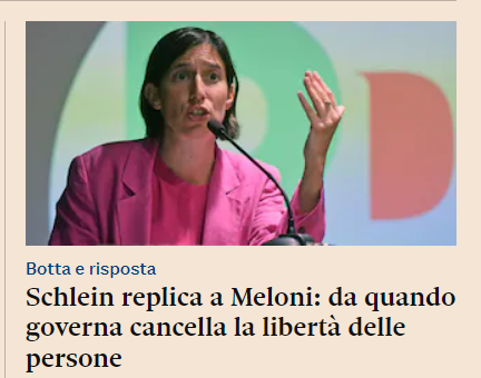 Elly, che è e resta il più desiderabile segretario del PD, è comicità (involontaria) fatta persona. L'unico governo che ha cancellato la libertà delle persone è il Conte II, retto da  PD-M5S-Italia Viva, ma questo Elly non lo ricorda.