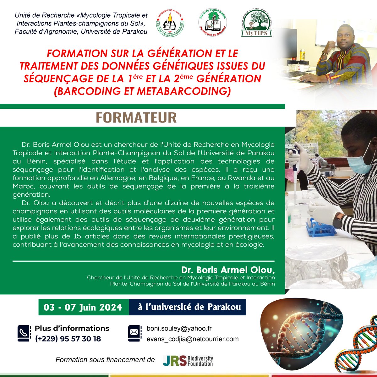 BorisOlou's tweet photo. From June 3-7, 2024, I’ll be co-leading a training on genetic data processing (DNA Barcoding &amp; Metabarcoding) at the University of Parakou with my French colleague in Morocco. Funded by @JRSBiodiversity, we aim to advance mushroom conservation in Benin! 🍄🧬 https://t.co/lMvp769bmt