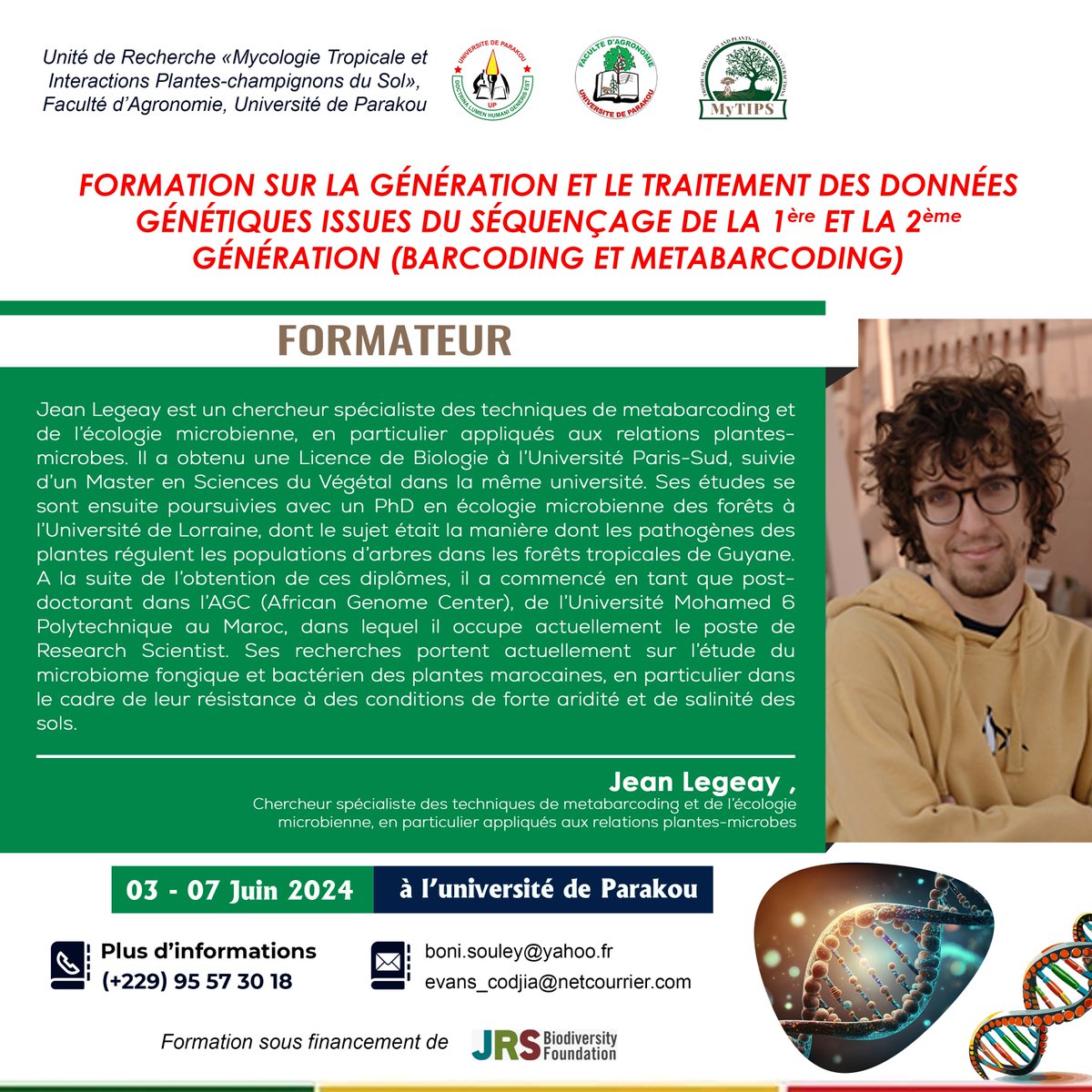 BorisOlou's tweet photo. From June 3-7, 2024, I’ll be co-leading a training on genetic data processing (DNA Barcoding &amp; Metabarcoding) at the University of Parakou with my French colleague in Morocco. Funded by @JRSBiodiversity, we aim to advance mushroom conservation in Benin! 🍄🧬 https://t.co/lMvp769bmt